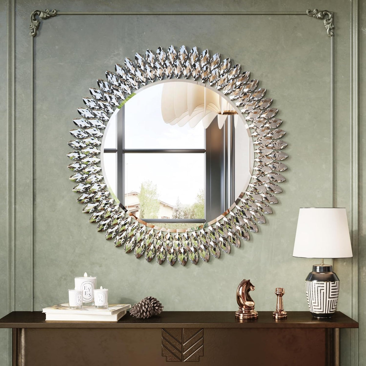 Kelly Miller Jeweled Mirror for Wall, 28 Inch Round Luxury Mirror with Sparkling Diamonds Beveled Modern Wall Decor for Bathroom, Living Room, Bedroom, Hallway