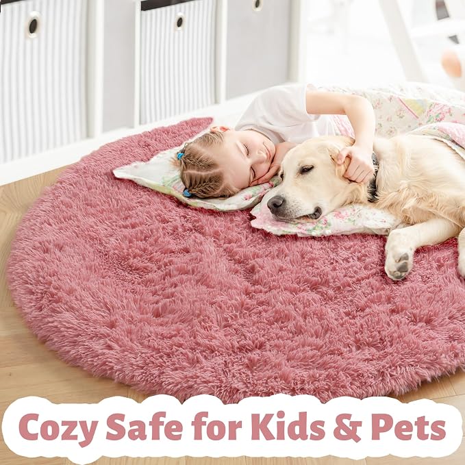 Amdrebio Blush Pink Circle Furry Area Rug 5Ft - Image 3
