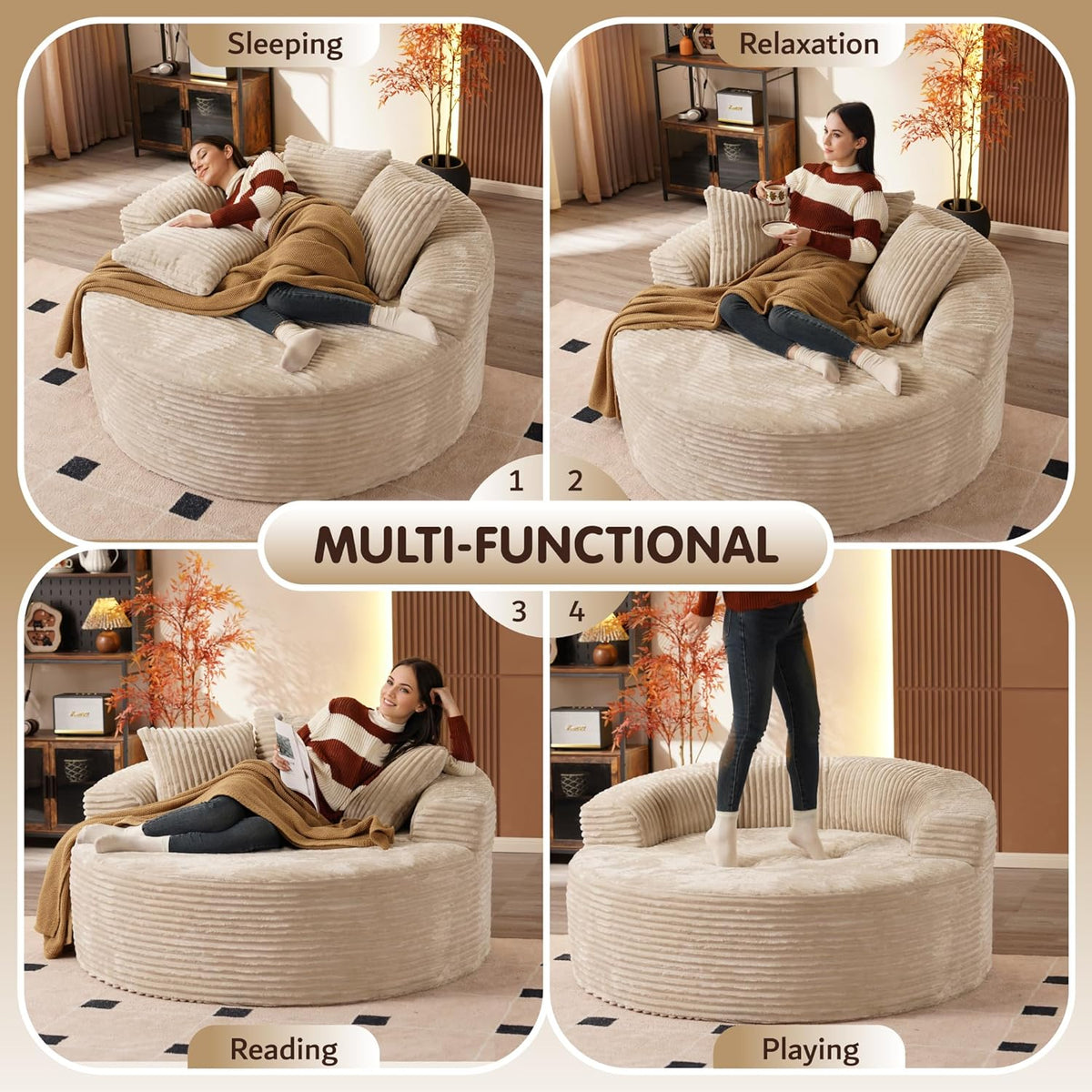 ovios 58" Oversized Round Chair Lounge Chaise Indoor, No Assembly Required, Cloud Large Circle Chair with Plush Fuax Fur, Fluffy Modern Sleeper Sofa Bed for Reading Yoga, Beige (Plush Corduroy Fabric)