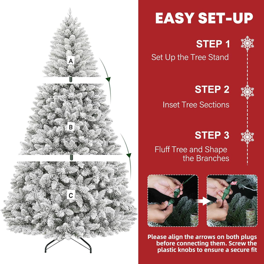 Hykolity 7.5 ft Snow Flocked Christmas Tree, Artificial Christmas Tree with 450 Warm White Lights, 1446 Tips, Metal Stand and Hinged Branches