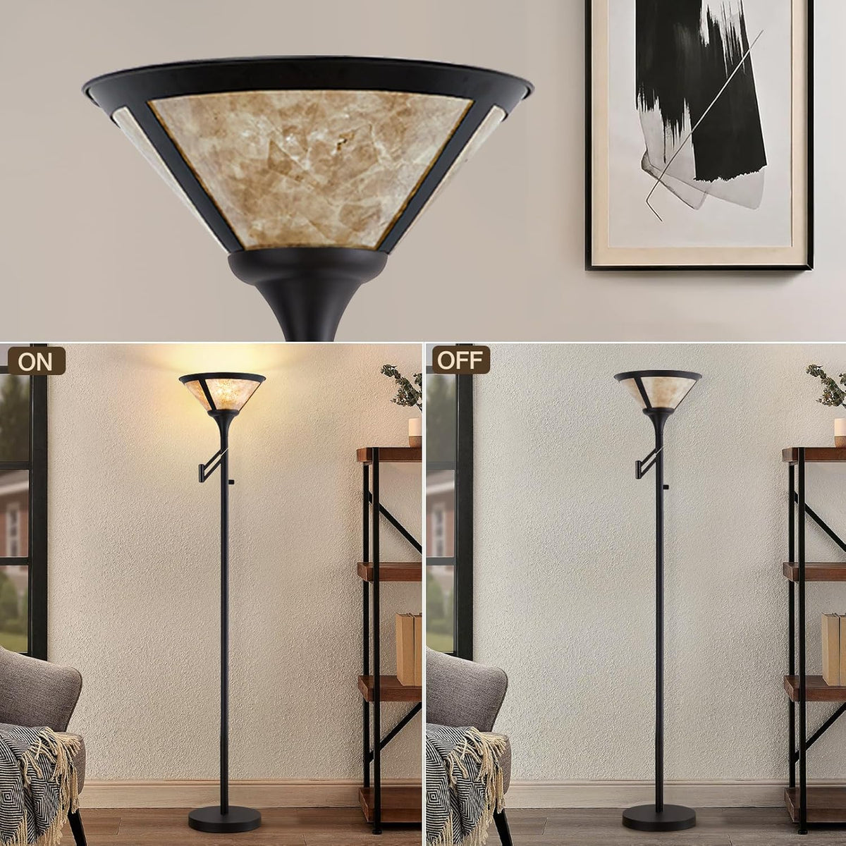 Floor Lamps for Living Room - 70" Black Torchiere Standing Floor Lamp with White Mica Shade - Tall Corner Lamp Decor for Bedroom with Adjustable Swing Arm LED Reading Light for Home Office