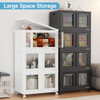 300Qt Stackable Storage Bins with Lids, 75Gal Closet Organizers and Storage Drawer, Plastic Collapsible Storage Bins with Doors, Heavy Duty Store Box Cabinet for Home Kitchen, 3Pack Black