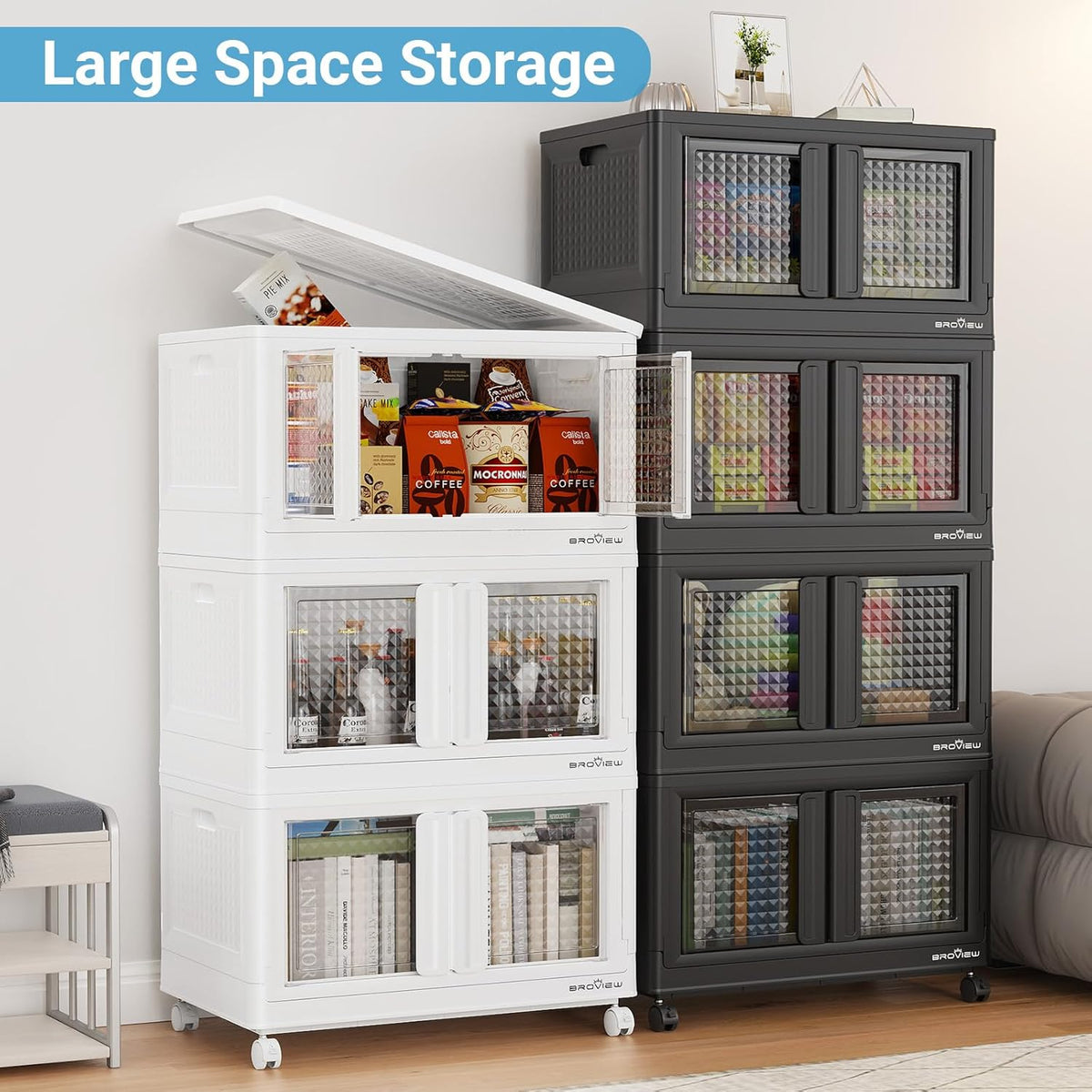 300Qt Stackable Storage Bins with Lids, 75Gal Closet Organizers and Storage Drawer, Plastic Collapsible Storage Bins with Doors, Heavy Duty Store Box Cabinet for Home Kitchen, 3Pack Black