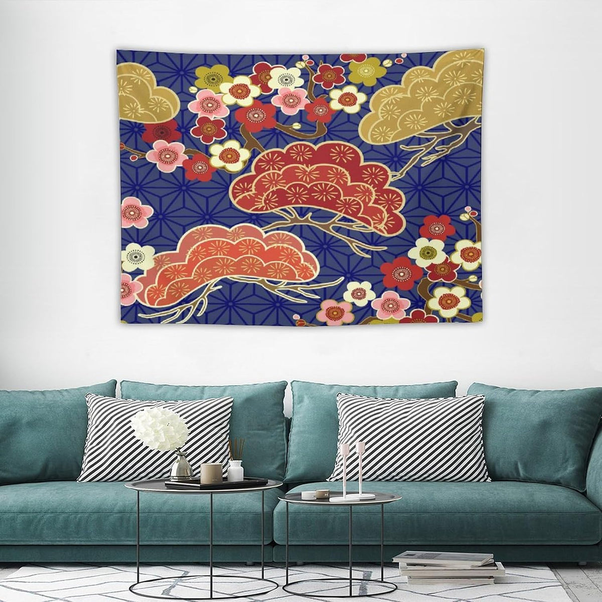 HZOHNAGO Japanese Tapestry Art Abstract Colorful Cherry Blossom Blue Background Pattern Printed Wall Tapestry Painting Wall Hanging for Bedroom Living Room Dorm 40" W x 30" H