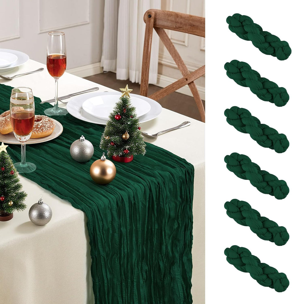 6 Pack Emerald Green Cheesecloth Table Runner 10FT Long Boho Gauze Table Runner Rustic Sheer Runner for Wedding Bridal Baby Shower Birthday Party Table Decor Fall Thanksgiving Christmas Decorations