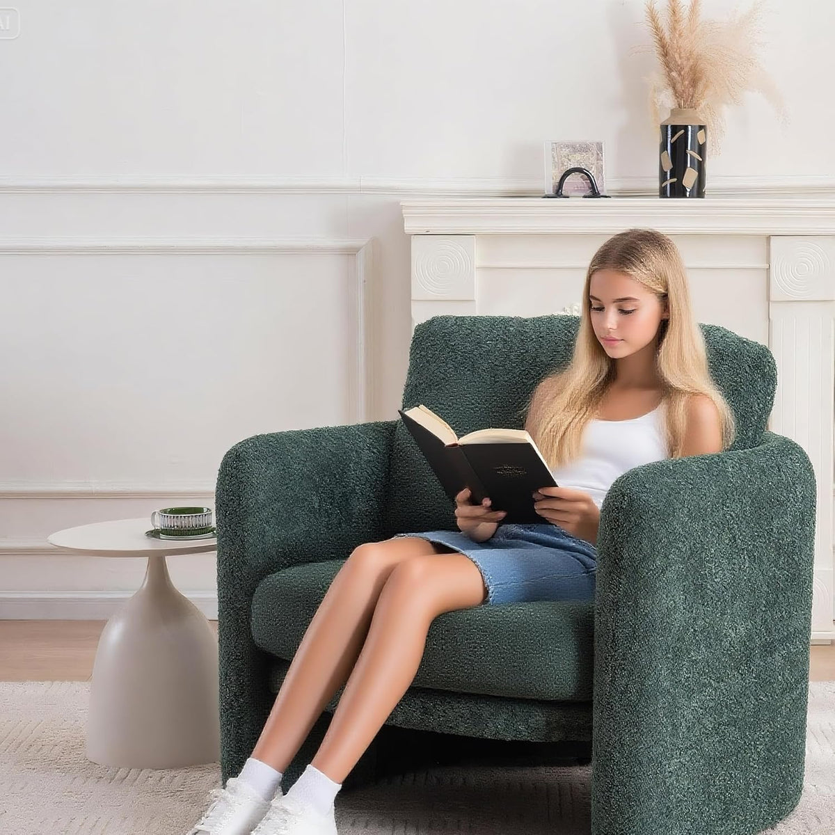 Chenille Accent Armchair Oversize Upholstered Barrel Comfy Modern Round Lounge Sofa Chair with Pillow Cozy Reading Chairs for Apartment,Office,Living Room,Dining,Makeup,Club,Green 2SET