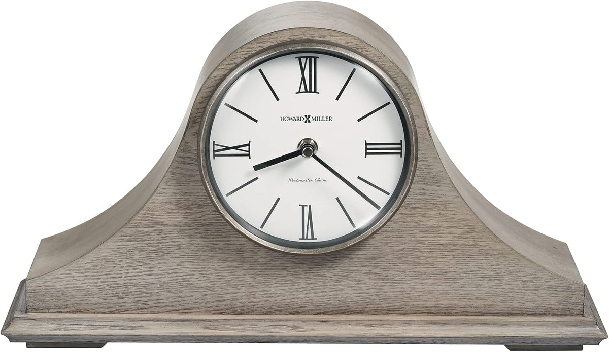 Howard Miller Lakeside Mantel Clock, Triangular Burl Overlays Gray Finish Sturdy Wooden Material, Vintage Analog Dial Roman Numerals with Black Bar Style Idle Timepiece for Office & Home Decor