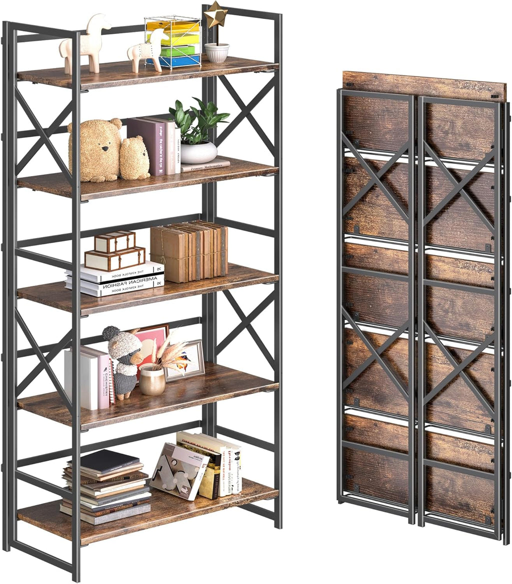 4NM 5 Tiers No Assembly Book Shelves, 51.2" H Folding Bookshelf Bookcase Open Industrial Foldable Shelves for Bedroom, Living Room, Home Office - Rustic Brown Black