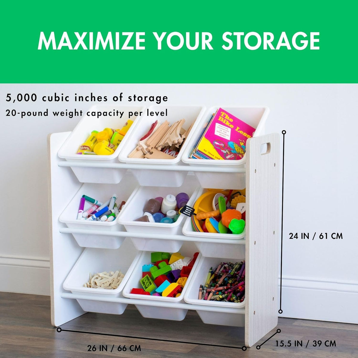 Humble Crew 9-Bin Toy Organizer – Hampton Sandwashed with White Plastic Bins, 3-Tier Storage Solution for Kids' Playrooms and Nurseries
