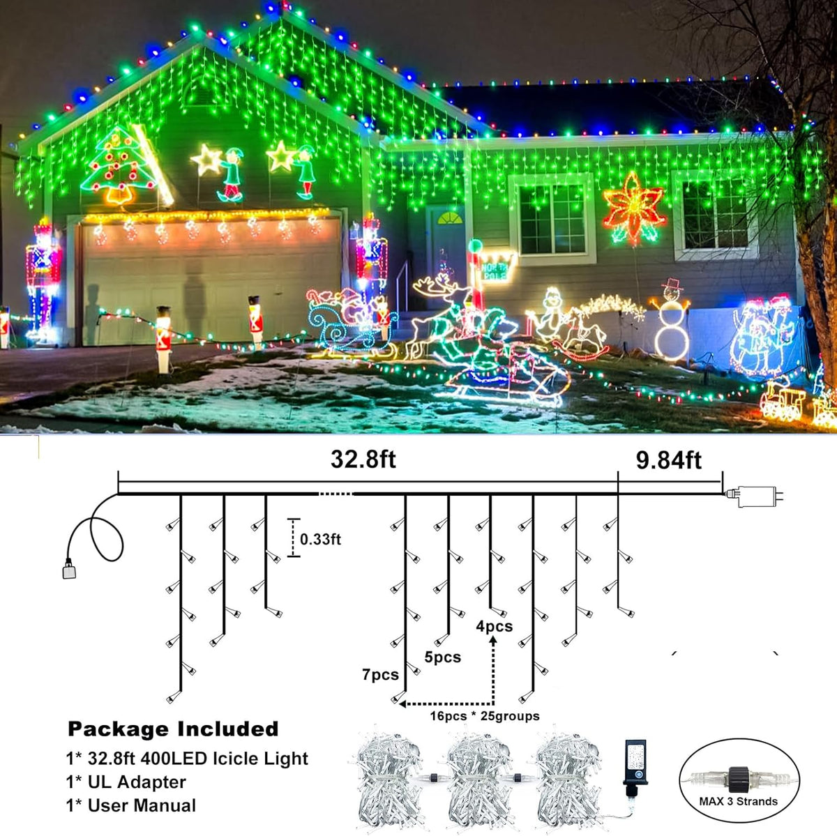 Icicle Lights for Outside, 33FT 400 LED Christmas Lights Outdoor with 8 Modes 75 Drops, Waterproof Connectable Twinkle String Decoration Light for Home Eaves Party Yard Garden Decor, Green