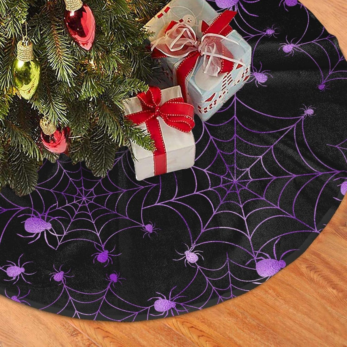 Christmas Tree Skirt,Purple Spider Web Xmas Tree Skirt Rustic Farmhouse Tree Skirt for Christmas Decor Xmas Holiday Home Party Decorations30