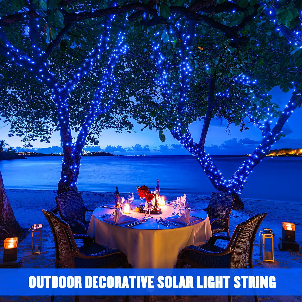 JMEXSUSS 2 Pack Blue Solar Christmas Lights: 100 LED 33ft Blue Solar Lights Outdoor, 8 Modes Solar String Lights for Outside Christmas Tree Gardens Party