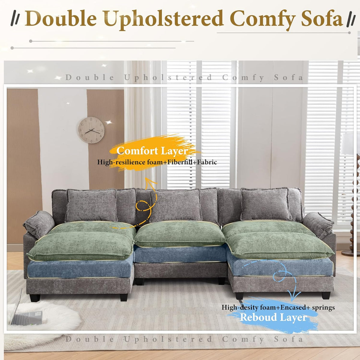 URRED Modular Sectional Sofa Comfy Cloud Couch, Modern Chenille Sofa Sleeper Deep Seat Couches with Ottoman/Pillows for Living Room (Gray, 117'' - U Shape)