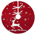 48 Inch Christmas Tree Skirt, Burlap Red Christmas Rustic Tree Skirt with Elk Deer and White Snowflake Printed for Holiday Party Xmas Tree Decoration