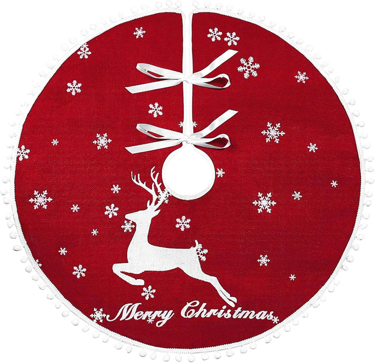 48 Inch Christmas Tree Skirt, Burlap Red Christmas Rustic Tree Skirt with Elk Deer and White Snowflake Printed for Holiday Party Xmas Tree Decoration