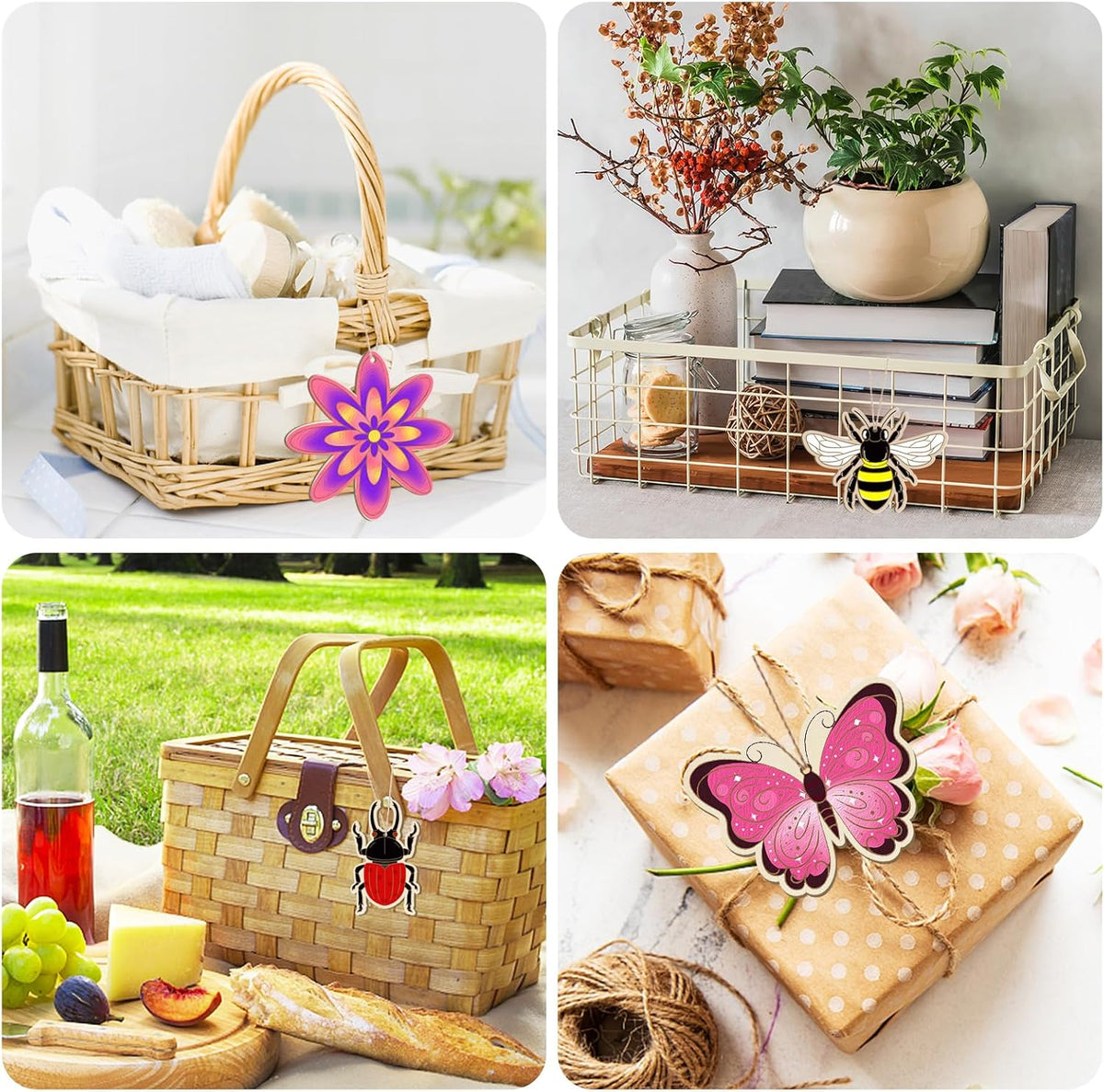 36PCS Wooden Spring Ornaments to Paint, 6 Styles DIY Blank Unfinished Wood Flower Cutouts Butterfly Ornament for Crafts Hanging Decorations, Cute Bee Flower Shape Home Decorations Gifts