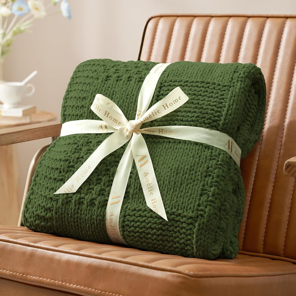 Amélie Home Chenille Knit Throw Blanket for Couch, Checkered Texture Decorative Soft Blanket for Sofa, Bed & Living Room, 50"x60", Olive Green