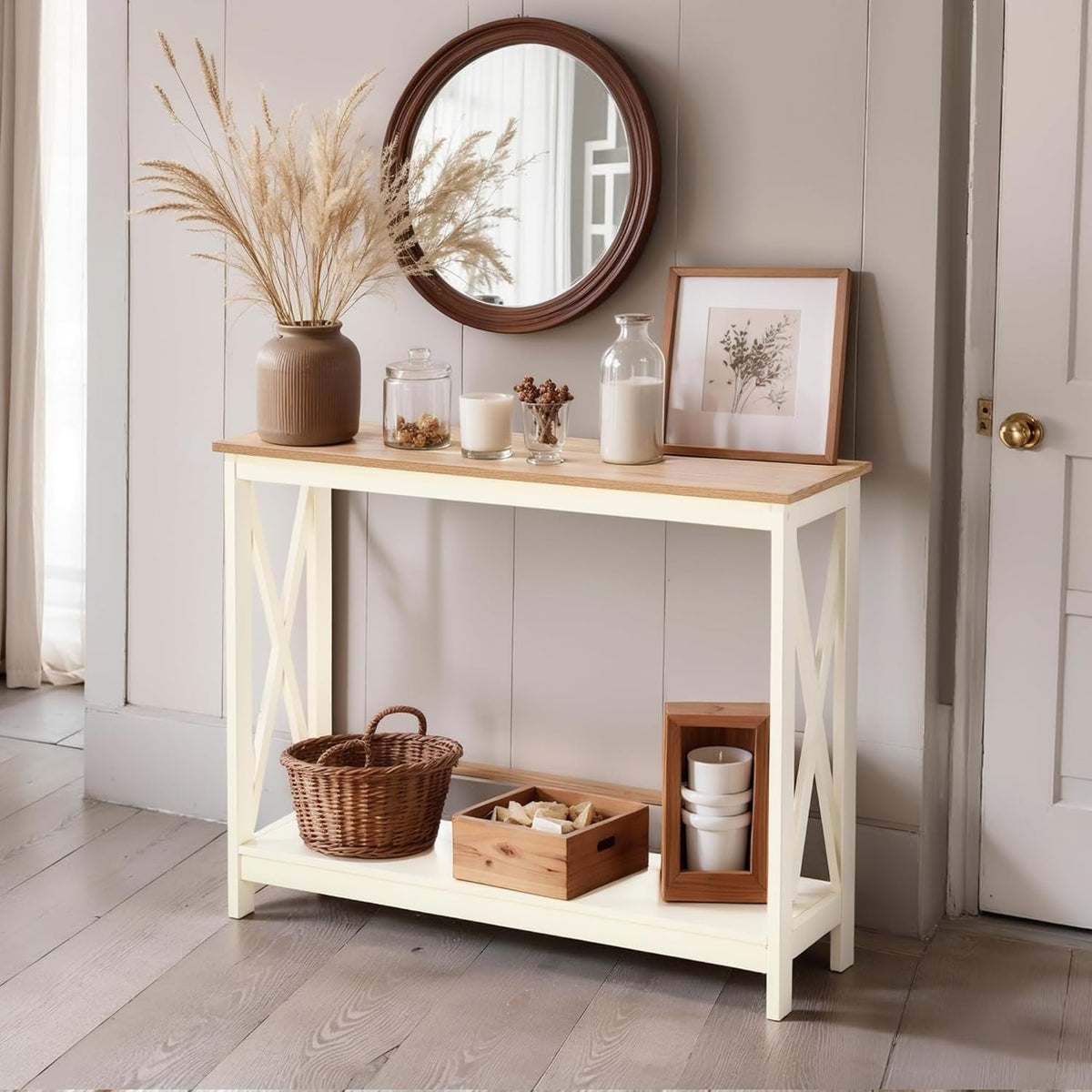 ALPHA HOME Console Table for Entryway, 2 Tier Storage Shelf Farmhouse Entryway Table, X-Shaped Design Narrow Sofa Table for Hallway, Living Room, Ivory