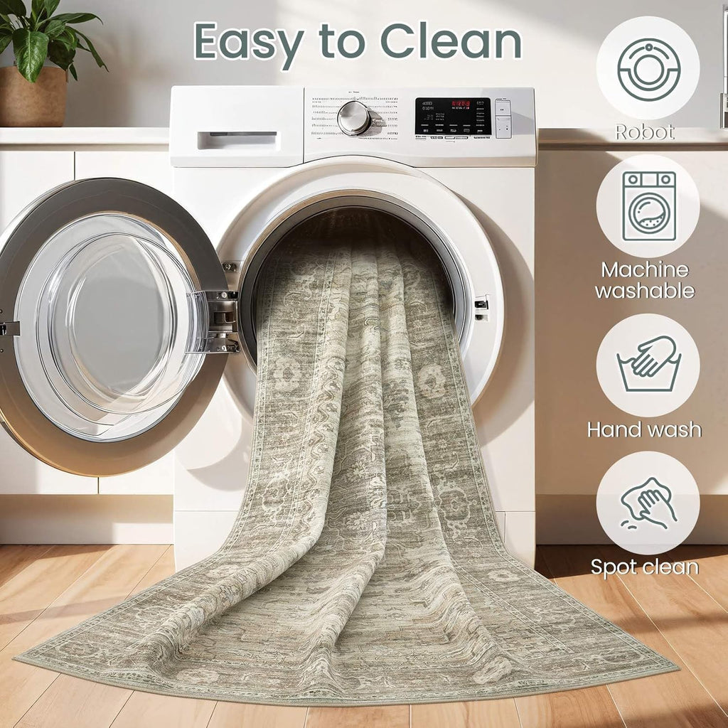 Washable Area Rugs for Living Room -9x12 Neutral Vintage Distressed Floral Farmhouse Boho Large Soft Floor Rug Indoor Non Slip Carpet for Living Room Bedroom Dining Room Office - Brown/Tan