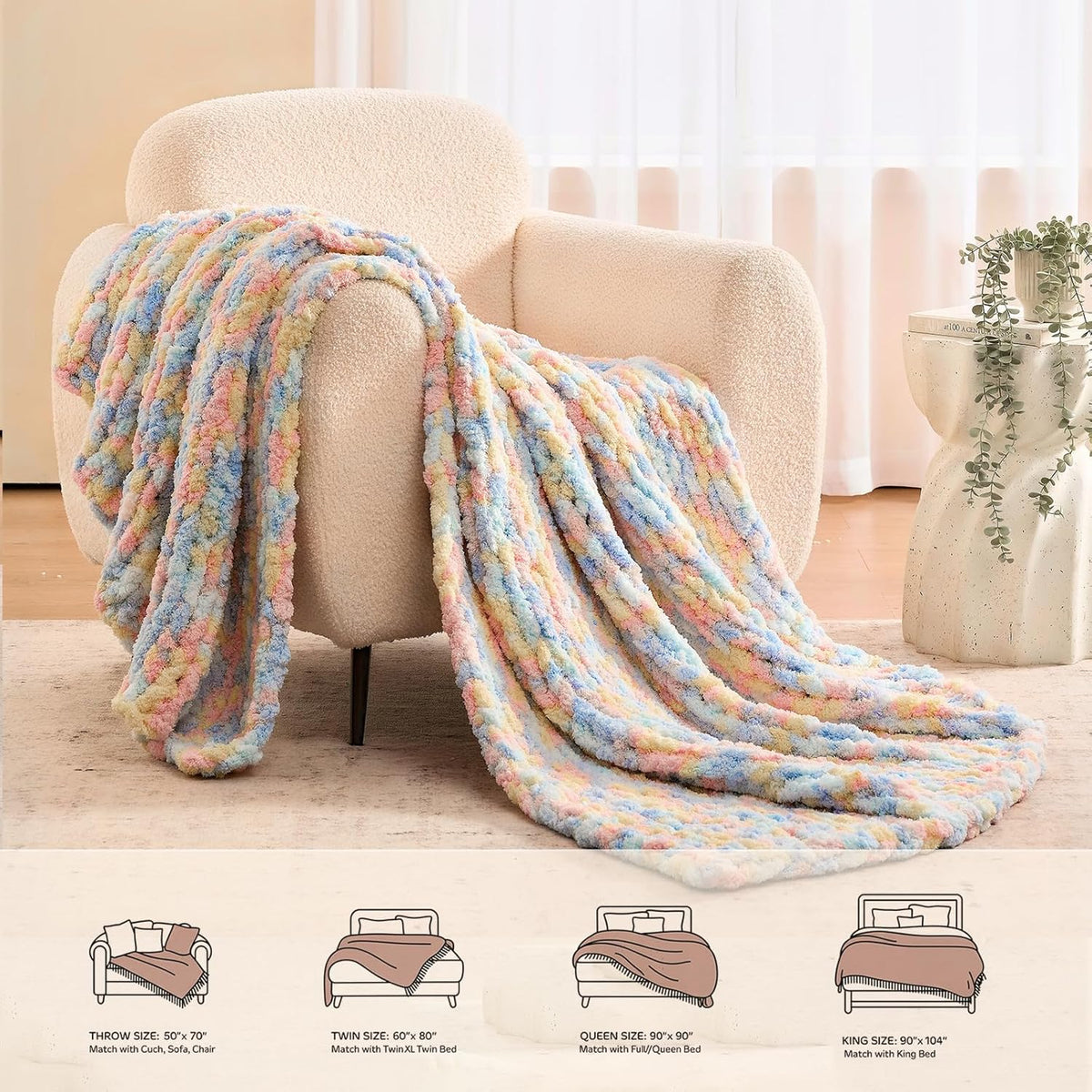 L'AGRATY Chunky Knit Blanket Throw: 50''x60'' Chenille Chunky Knitted Throw Blankets for Bed Couch - Handmade Thick Cable Knit Blanket - Large Crochet Rope Blankets for Home Decor