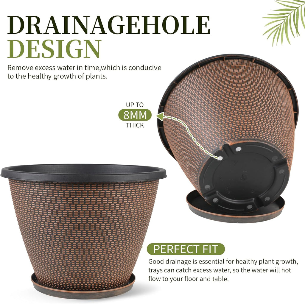 4 Pack 8 inch Plant Pot, Plastic Pots for Plants Indoor, Round Planters for Outdoor Plants with Drainage Holes & Trays, Decorative Flower Pots Garden Containers Sets for Houseplants (Black Copper)