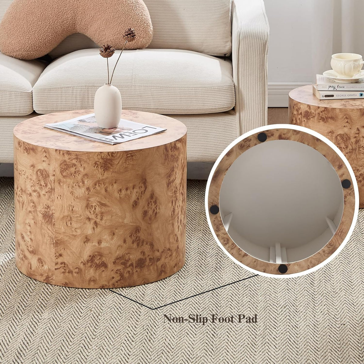 Round Coffee Tables Side Table Set of 2, Wood Nesting End Table for Living Room Balcony Office, Walnut Wooden Color, Natural Burl Color, No Assembling