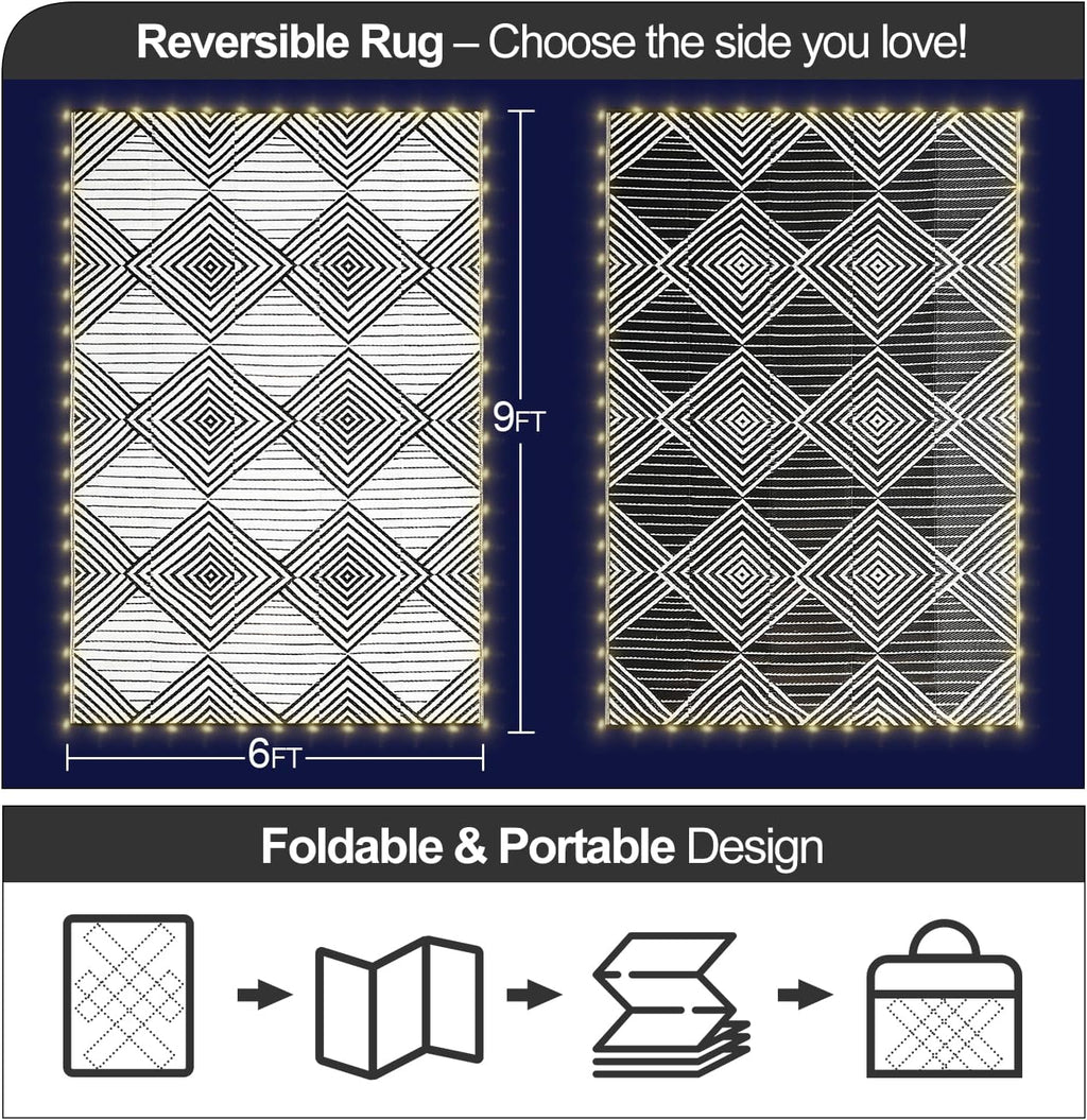 6x9ft Waterproof Outdoor Rug with LED Lights, Foldable Reversible Plastic Straw Mat for Patio RV Camping Picnic Balcony Beach Deck Indoor Outdoor Carpet, Black&White