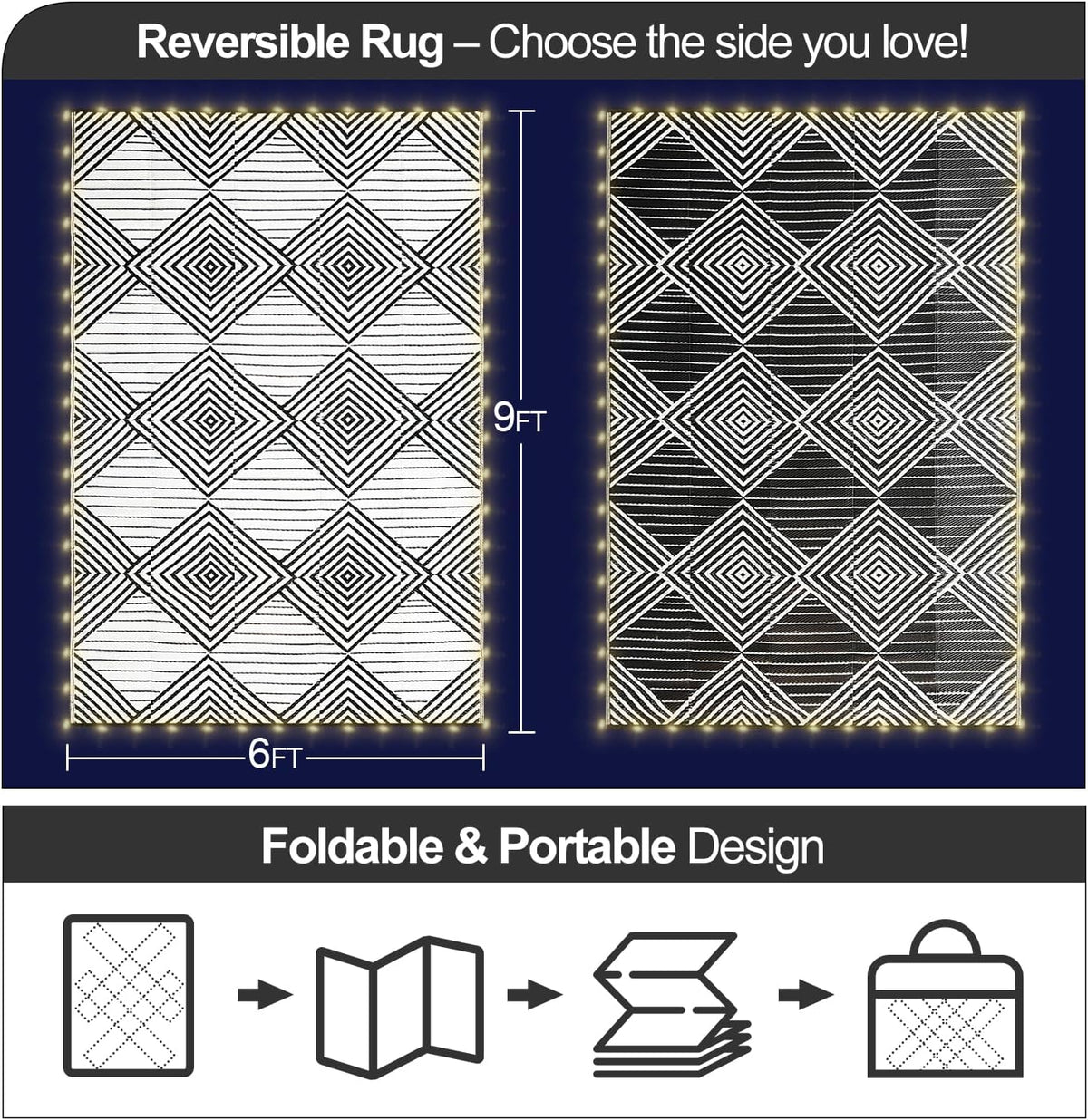 6x9ft Waterproof Outdoor Rug with LED Lights, Foldable Reversible Plastic Straw Mat for Patio RV Camping Picnic Balcony Beach Deck Indoor Outdoor Carpet, Black&White
