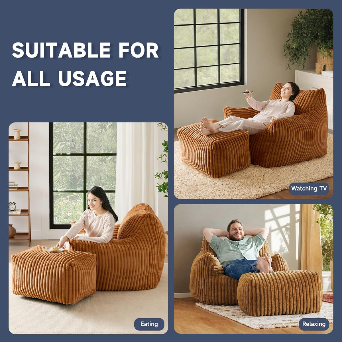 Giant Bean Bag Chairs for Adults, Oversized Chaise Lounge Chair Indoor with Memory Foam - Plush Boneless Lounger & Ottoman for Bedroom, Living Room, Gaming & Reading, Lazy Floor Sofa Chair, Orange