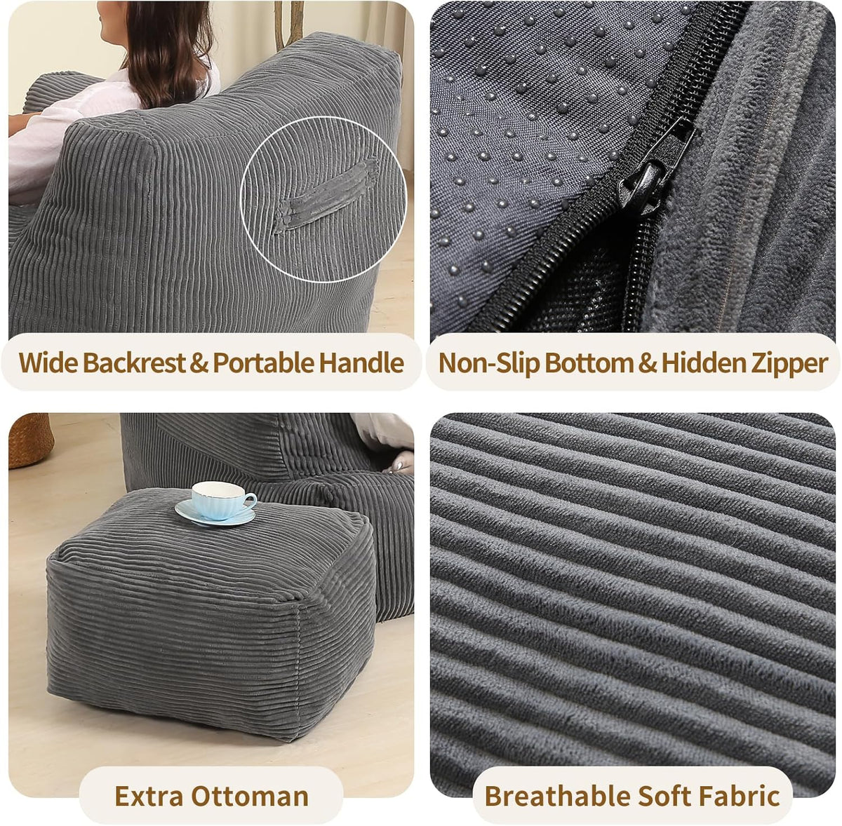 Comfy Gaint Bean Bag Chair with Ottoman, Huge Bean Bag Armchair for Adults and Teens, Dark Grey