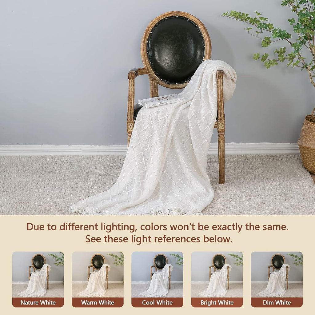 inhand Knitted Throw Blankets for Couch and Bed, Soft Cozy Knit Blanket with Tassel, Off White Lightweight Decorative Blankets and Throws, Farmhouse Warm Woven Blanket for Men and Women, 60"x80"