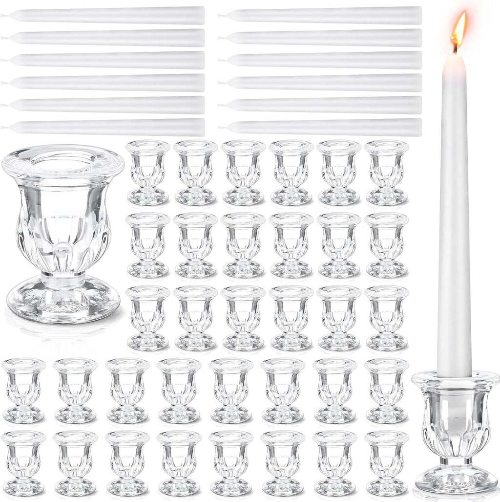 36 Pcs Glass Taper Candle Holders Bulk 2. 5 Inch Clear Candlestick Holder with Long Tapered Candles Candle Sticks Set for Table Centerpiece Wedding Christmas Party Decoration