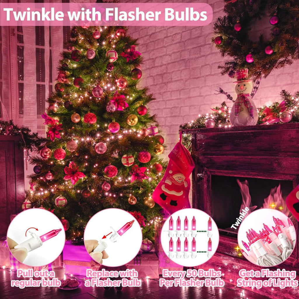 Pink Christmas Lights 25FT 100 Incandescent Bulbs, Pink Mini Lights with White Wire for Valentine's Day, Wedding, Garland, Thanksgiving, Party, Home, Indoor & Outdoor Festival Xmas Decoration