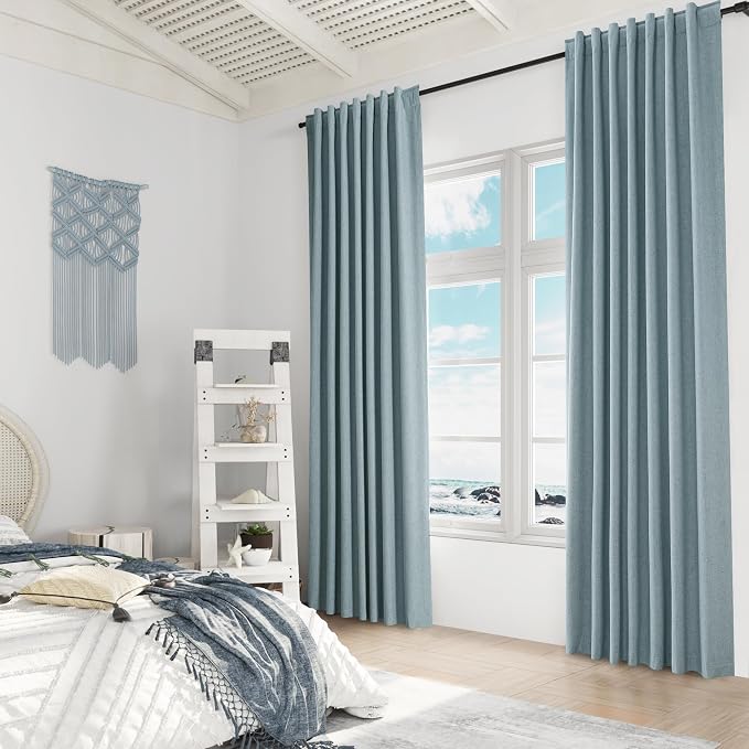 Blue 100% Blackout Linen Curtains 108 Inch Length 2 Panels Set - Image 8