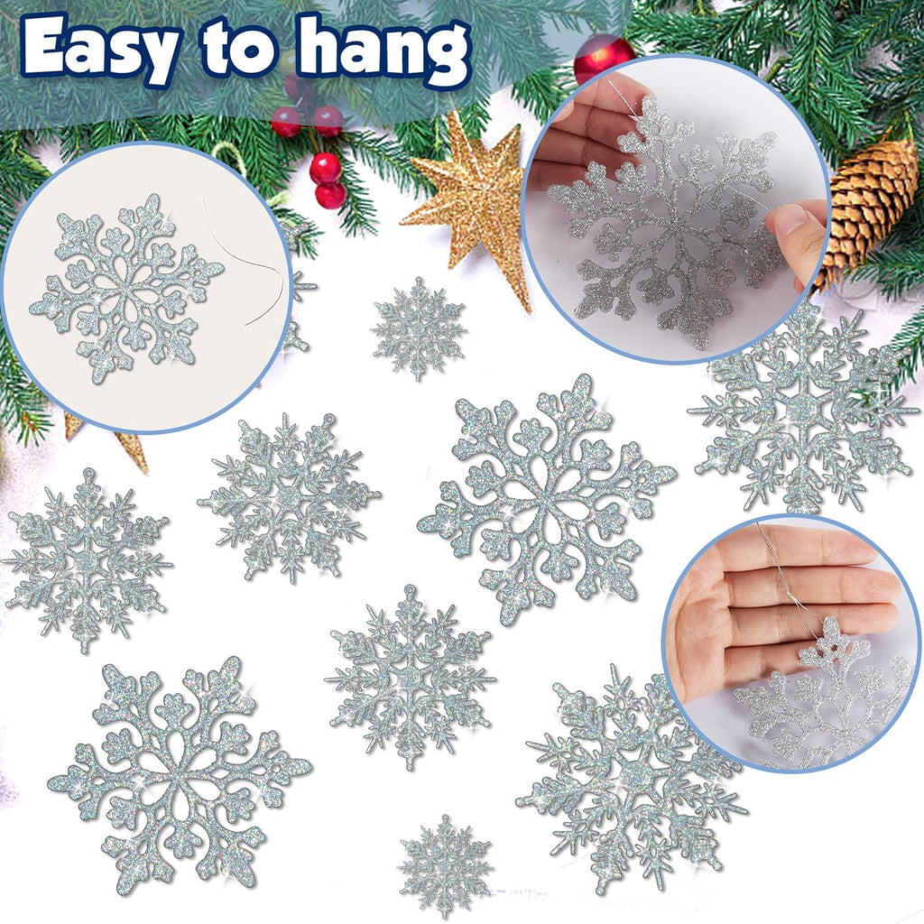 36pcs Iridescent Silver Christmas Snowflake Ornaments, Plastic Sparkling Glitter Hanging Snow Flakes for Christmas Tree Decorations Winter Wonderland Frozen Birthday Party Holiday Home Decor