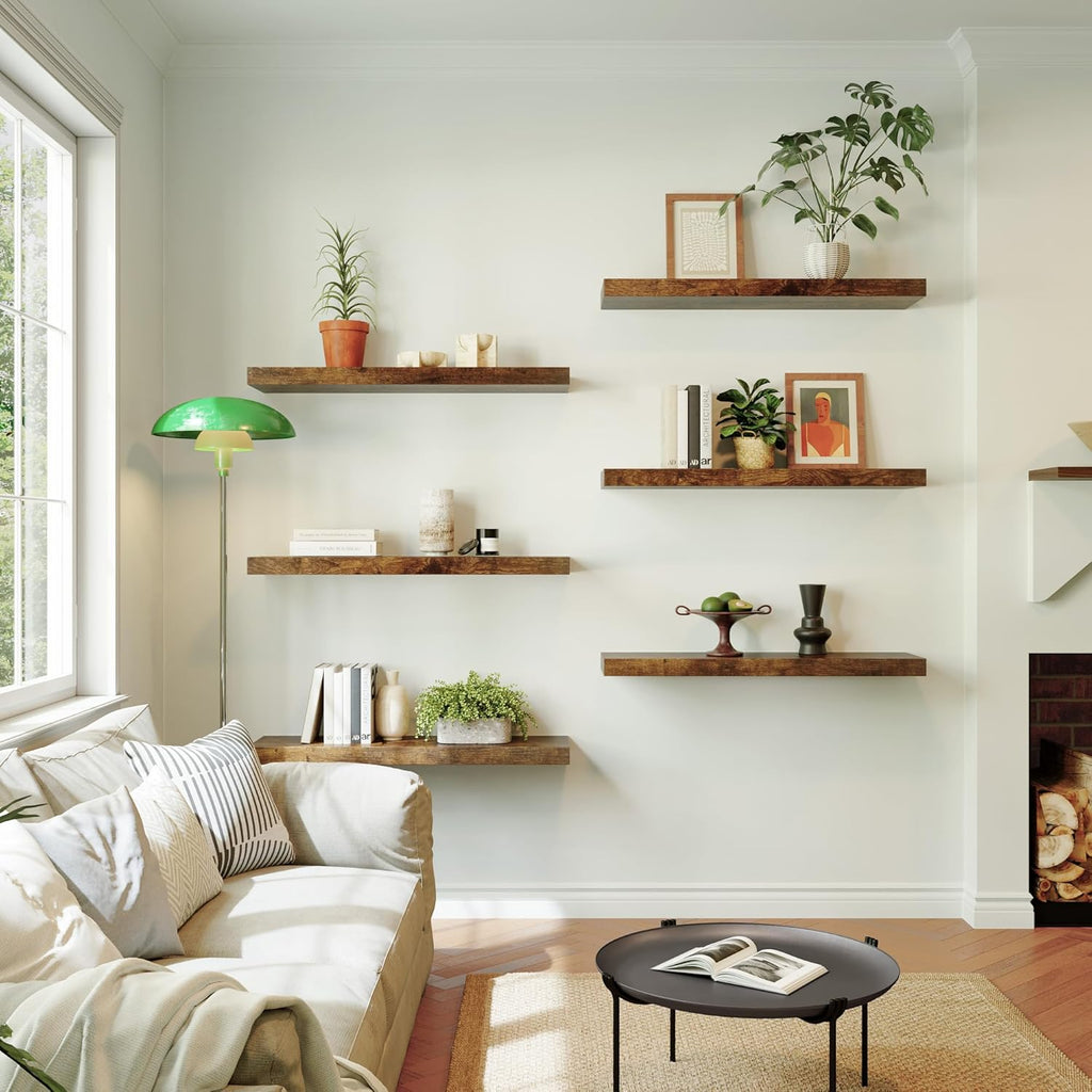 Large Floating Shelves for Wall Set of 2 Wooden Wall Shelves 36 in x 12.75 in x 2 in Room Decor Long Shelf with Invisible Wall Mount Bracket for Bedroom Kitchen Living Room Rustic Brown