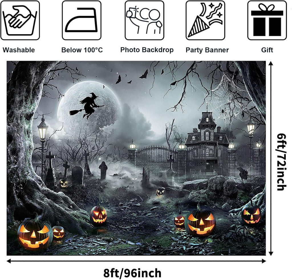 Avezano Halloween Photography Backdrop Full Moon Scary Night Castle Pumpkins Party Background Spooky Witch Bats Cemetery Child Kids Halloween Party Decorations Photoshoot Backdrops (8x6ft, Gray)