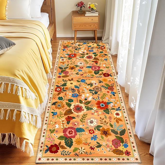 Floral Washable 2x8 Area Rugs Runner Entryway Hallway Yellow/Orange/Red | - Image 6