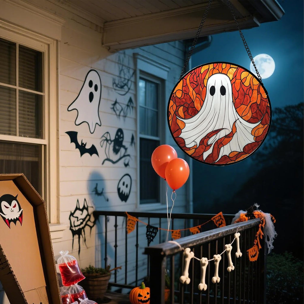 Stained Glass Window Hanging - Halloween Decorations White Ghost Orange Sky Suncatcher for Doors Garden Funny Spooky Sun Catchers Gothic Decor Horror Gifts for Women Men Friend Boy 7.8 in