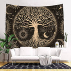 FORATER Tree of Life Tapestry Wall Hanging Sun Moon Stars Tapestries Aesthetic Galaxy Wall Tapestry Nature Home Decoration for Living Room Bedroom(36 x 48 Inch, Black and Gold)