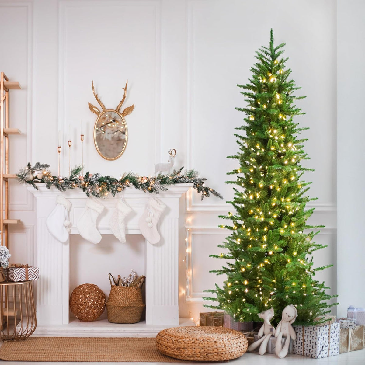 Fraser Hill Farm 9-Ft. Carmel Pine Slim Artificial Christmas Tree with Warm White LED Lights and Stand, Prelit Foldable Fake Tree with Realistic Foliage for Home Decoration