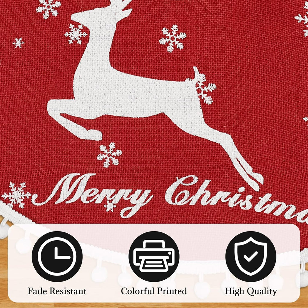 36 Inch Christmas Tree Skirt, Burlap Red Christmas Rustic Tree Skirt with Elk Deer and White Snowflake Printed for Holiday Party Xmas Tree Decoration