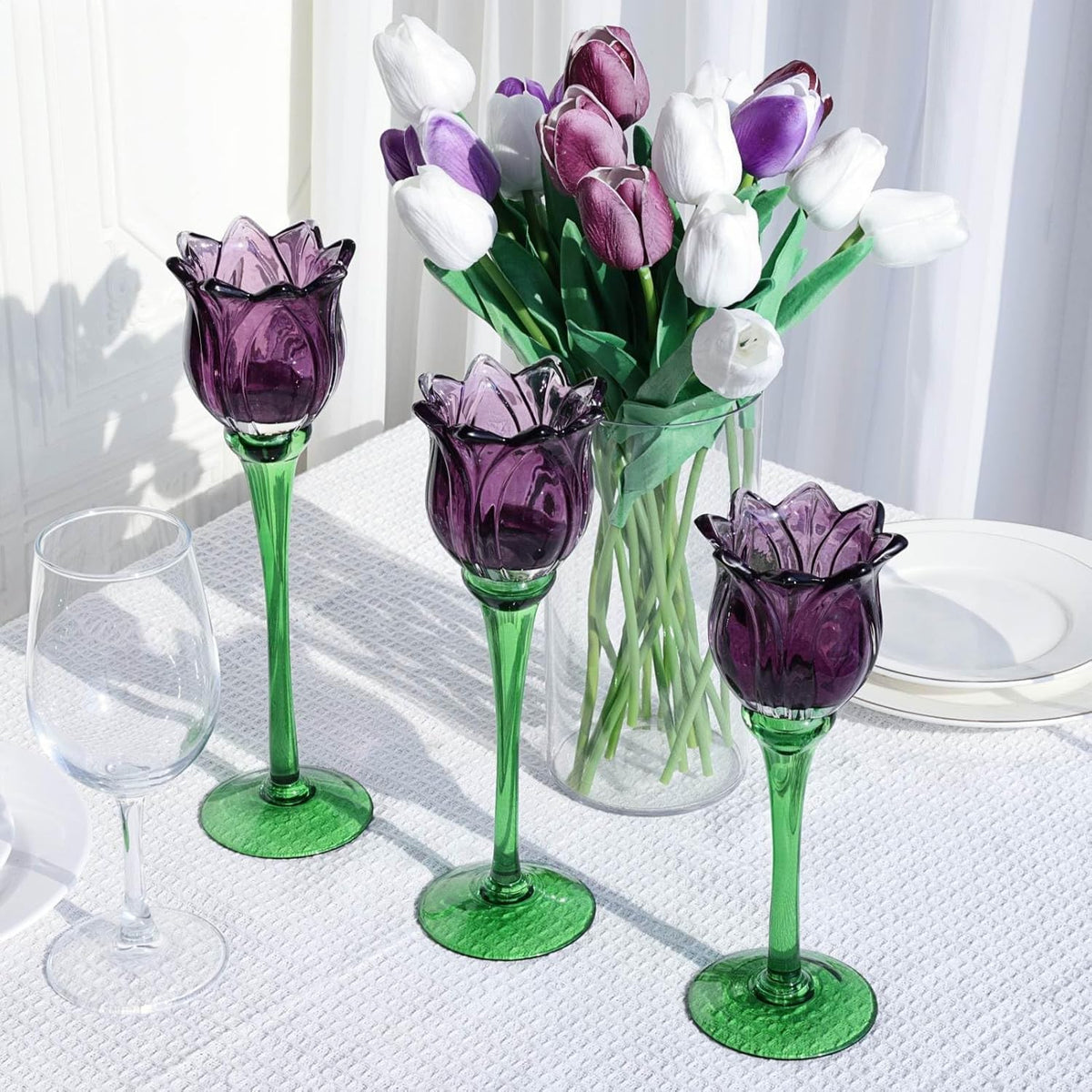 VOHO 6pcs Purple Tulips Candle Holders Gifts for Halloween, Thanksgiving, Easter, Elegant Purple Tealight Candle Holder for Modern Room Decor, Glass Tulip-Like Tea Lights Holder Wedding Holiday Table