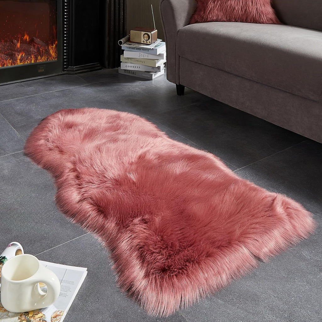 AMTOVO Faux Fur Rug, Blush Pink Area Rug, Fluffy Sheepskin Rug, Fuzzy Ultra Soft 2 x 4 ft Shag Rugs for Bedroom Sofa Throw Cushion Room Decor, Sheepskin