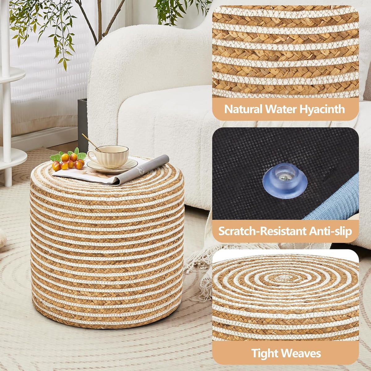 Wimarsbon 18'' Ottoman Pouf, Natural Braided Poof, Rustic Handweave Lounge Pouffe, Boho Footrest Stool for Bedroom, Accent Table or Seat for Living Room (Natural Water Hyacinth + White Cotton Rope)
