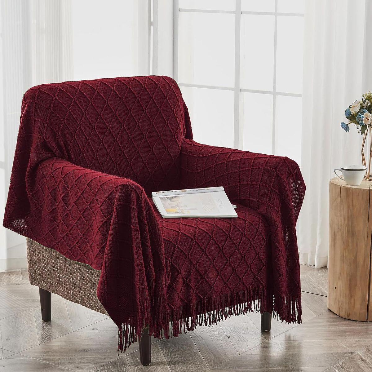 inhand Knitted Throw Blankets for Couch and Bed, Soft Cozy Knit Blanket with Tassel, Claret Lightweight Decorative Blankets and Throws, Farmhouse Warm Woven Blanket for Men and Women, 60"x80"