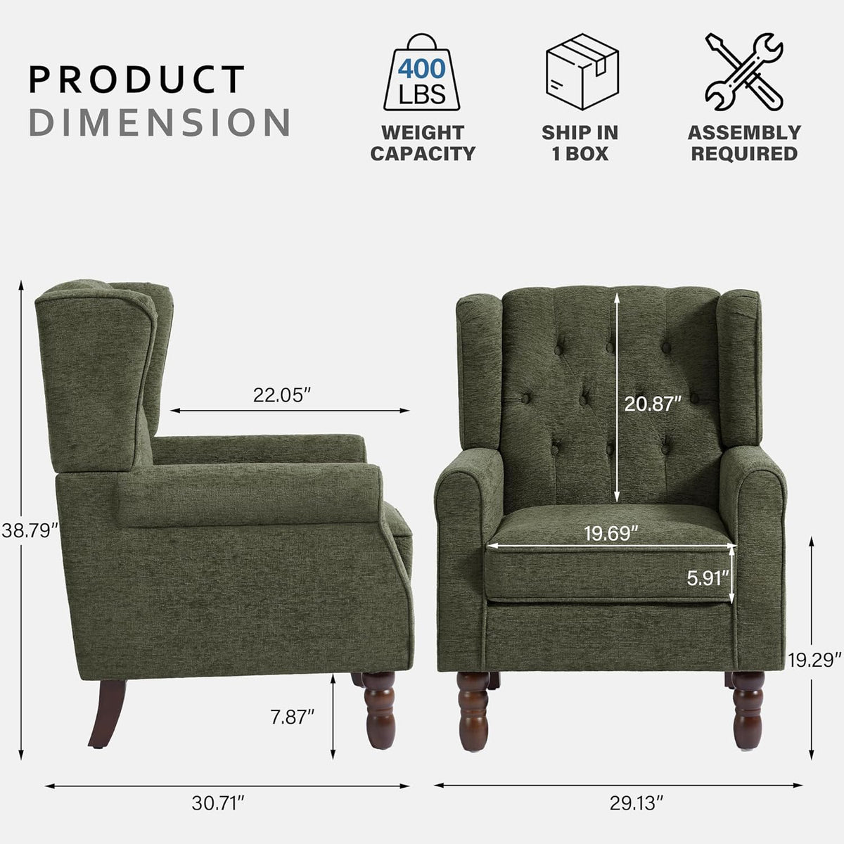 Lumibee High Back Accent Chair Set of 2,Upholstered Wingback Armchair with Solid Wood Legs for Small Spaces,Comfy Single Sofa Chair for Living Room,Bedroom,Office-Green