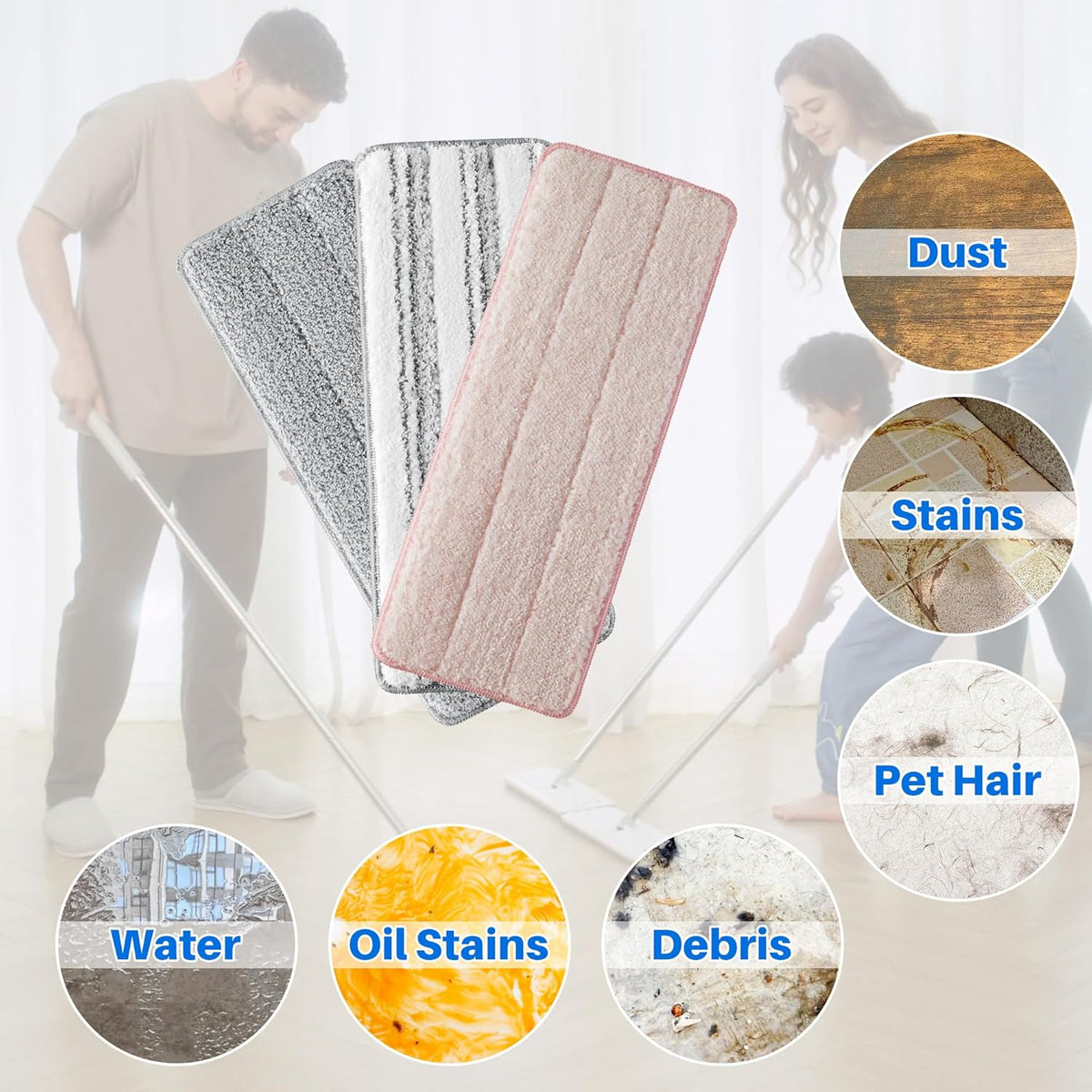 JOYMOOP Mop Replacement Pads, Reusable Microfiber Mop Pads for 13-inch Flat Mop and Mop Bucket Set, Pack of 6 Refills - Pink, Grey and Stripe