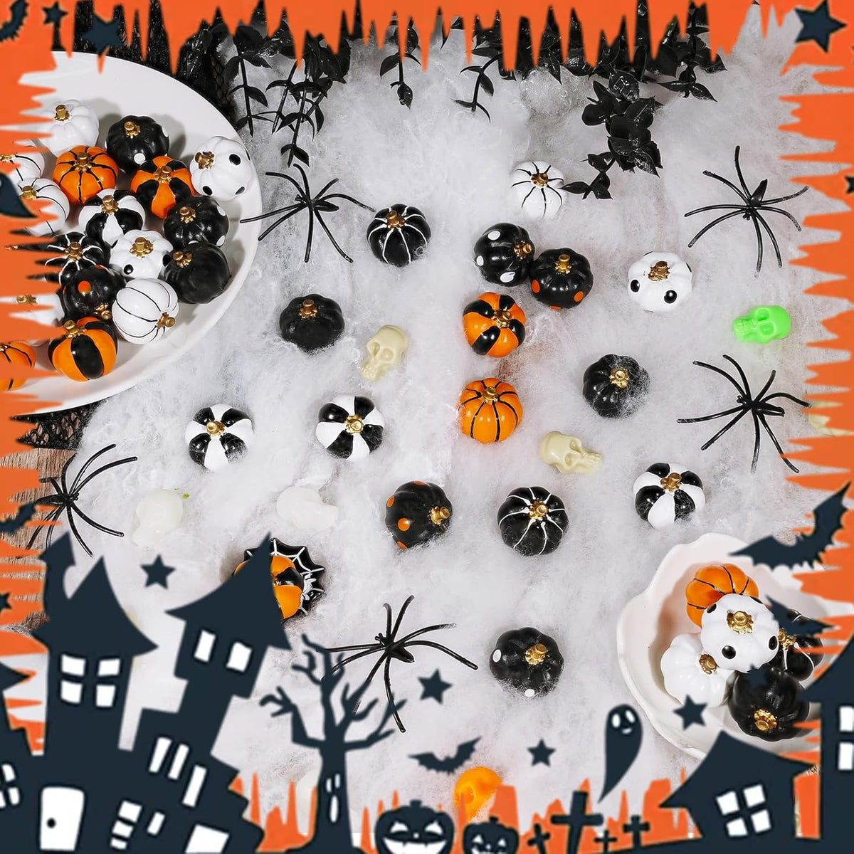 Rileryan 20 PCS Halloween Mini Resin Pumpkin Figurines Black White Orange Tiny Pumpkins Halloween Miniatures Village Decor Tabletop Centerpiece Mantel Kitchen Home Decoration