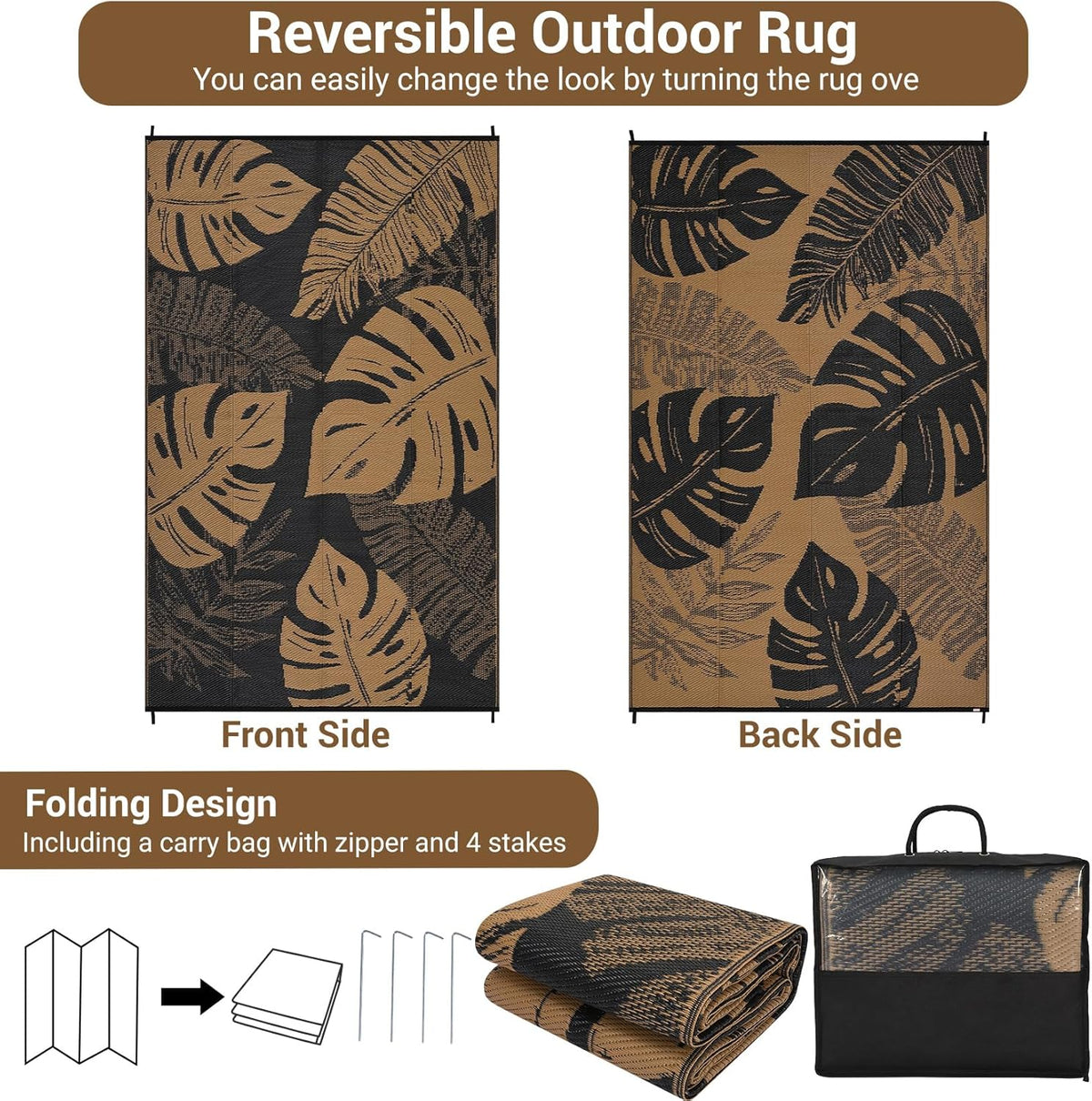 GAOMON Outdoor Rug Waterproof 9x12 Outdoor Plastic Straw Rug for Patio, Reversible Modern Camping Mat with Bag & Stakes, UV Resistant & Easy to Clean Carpet for RV, Deck, Balcony, Porch, Brown